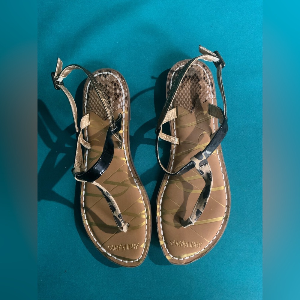 Sam & Libby Black and Tan Animal Print T-Strap Slingback Sandals